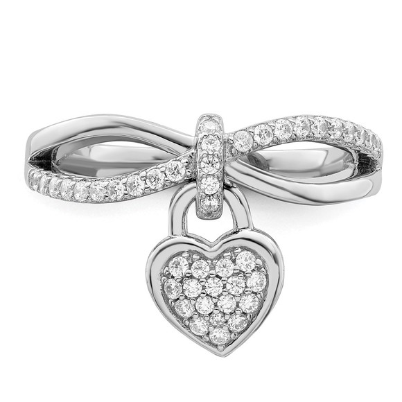 925 Sterling Silver Rhodium-plated CZ Heart Dangle Ring - Picture 7 of 7
